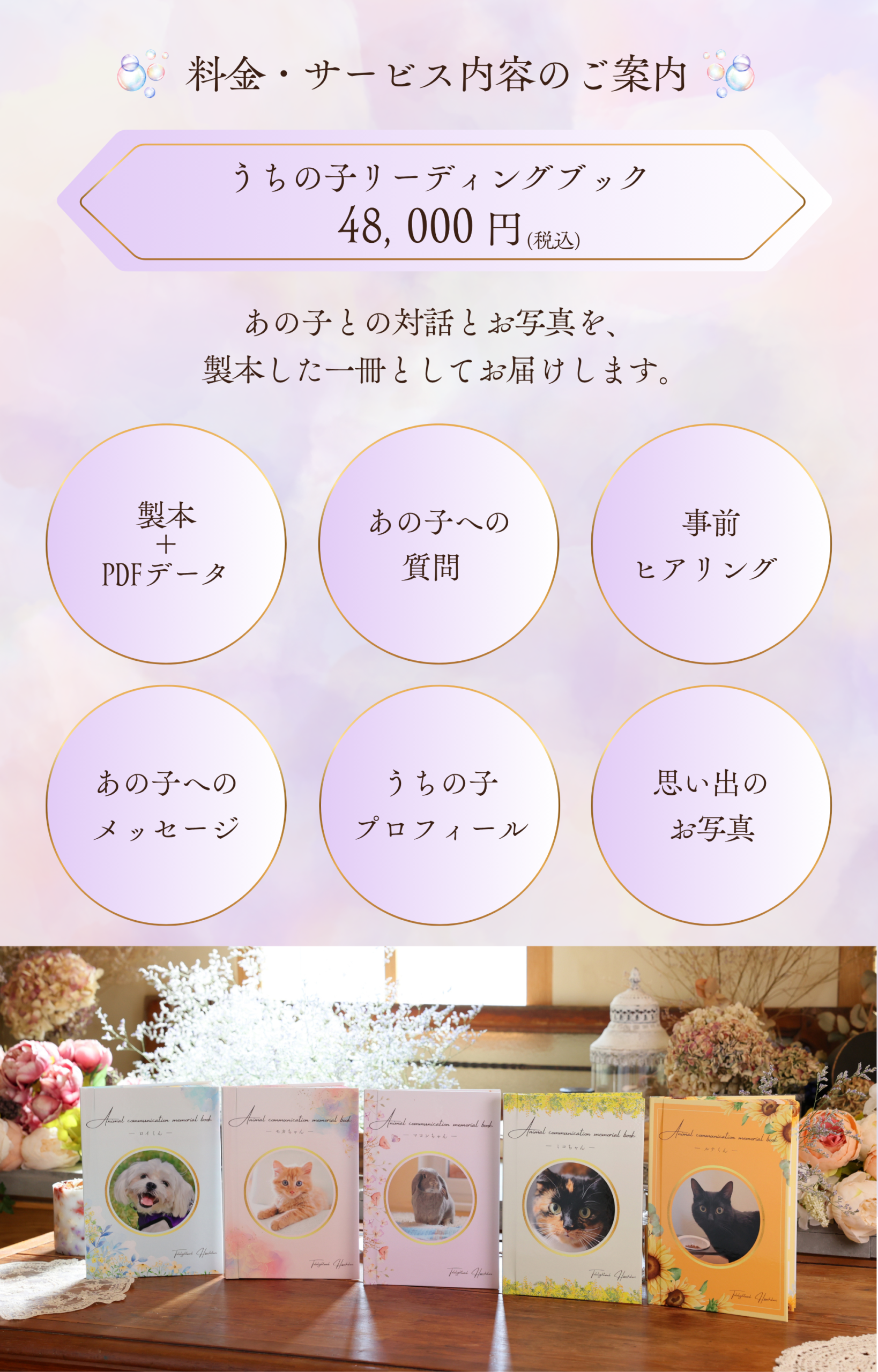 料金・サービス内容のご案内

うちの子リーディングブック
48,000円（税込）

あの子との対話とお写真を、
製本した一冊としてお届けします。

・製本＋PDFデータ
・あの子への質問
・事前ヒアリング
・あの子へのメッセージ
・うちの子プロフィール
・想い出のお写真