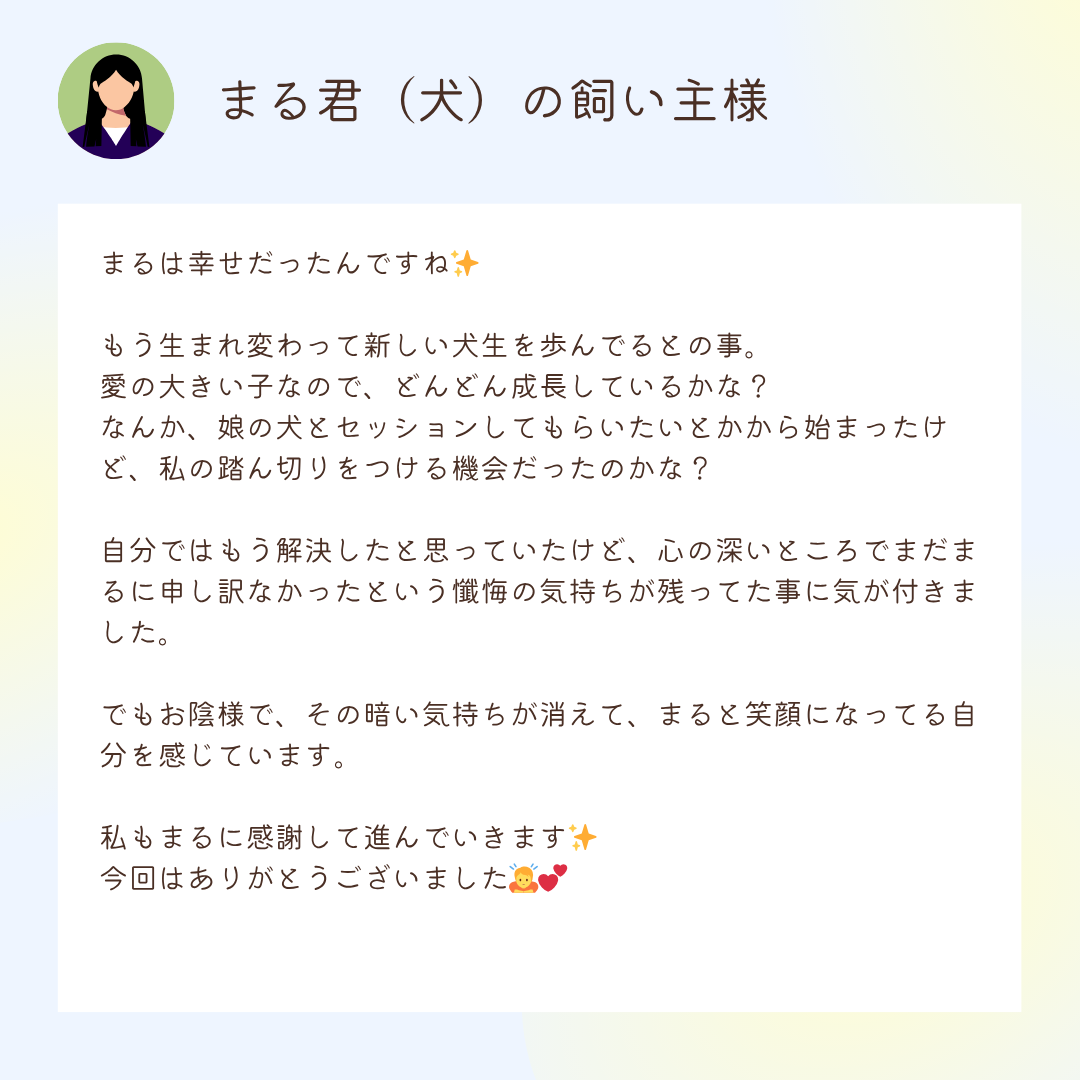お客様の声：まる君（犬）の飼い主様
まるは幸せだったんですね✨

もう生まれ変わって新しい犬生を歩んでるとの事。
愛の大きい子なので、どんどん成長しているかな？
なんか、娘の犬とセッションしてもらいたいとかから始まったけど、私の踏ん切りをつける機会だったのかな？

自分ではもう解決したと思っていたけど、心の深いところでまだまるに申し訳なかったという懺悔の気持ちが残ってた事に気が付きました。

でもお陰様で、その暗い気持ちが消えて、まると笑顔になってる自分を感じています。

私もまるに感謝して進んでいきます✨
今回はありがとうございました🙇💕