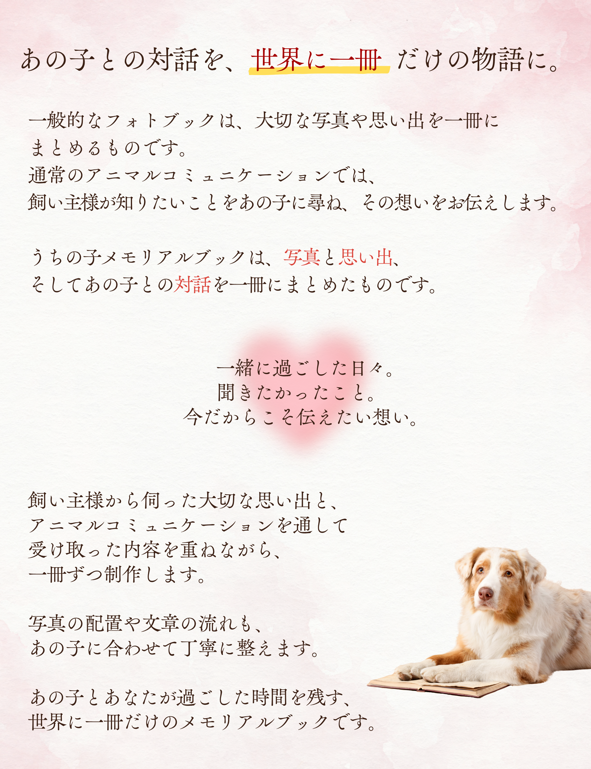 あの子との対話を、世界に一冊 だけの物語に。
一般的なフォトブックは、大切な写真や思い出を一冊にまとめるものです。
通常のアニマルコミュニケーションでは、飼い主様が知りたいことをあの子に尋ね、その想いをお伝えします。

うちの子メモリアルブックは、写真と思い出、そしてあの子との対話を一冊にまとめたものです。
一緒に過ごした日々。
聞きたかったこと。
 今だからこそ伝えたい想い。

飼い主様から伺った大切な思い出と、アニマルコミュニケーションを通して受け取った内容を重ねながら、一冊ずつ制作します。

写真の配置や文章の流れも、あの子に合わせて丁寧に整えます。
あの子とあなたが過ごした時間を残す、世界に一冊だけのメモリアルブックです。